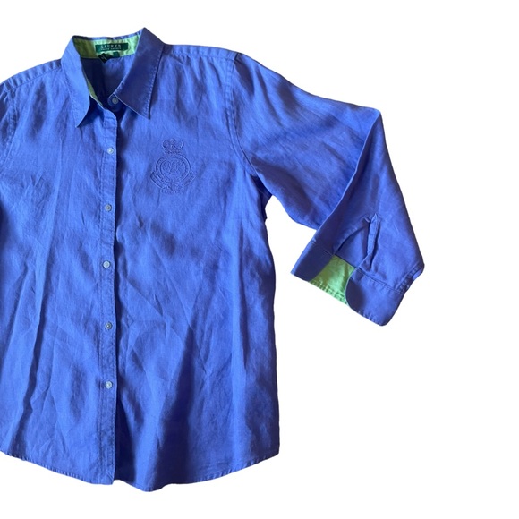 Lauren Ralph Lauren Linen Top Button Front Monogram Shirt Women’s Size XL A7 - Picture 3 of 8